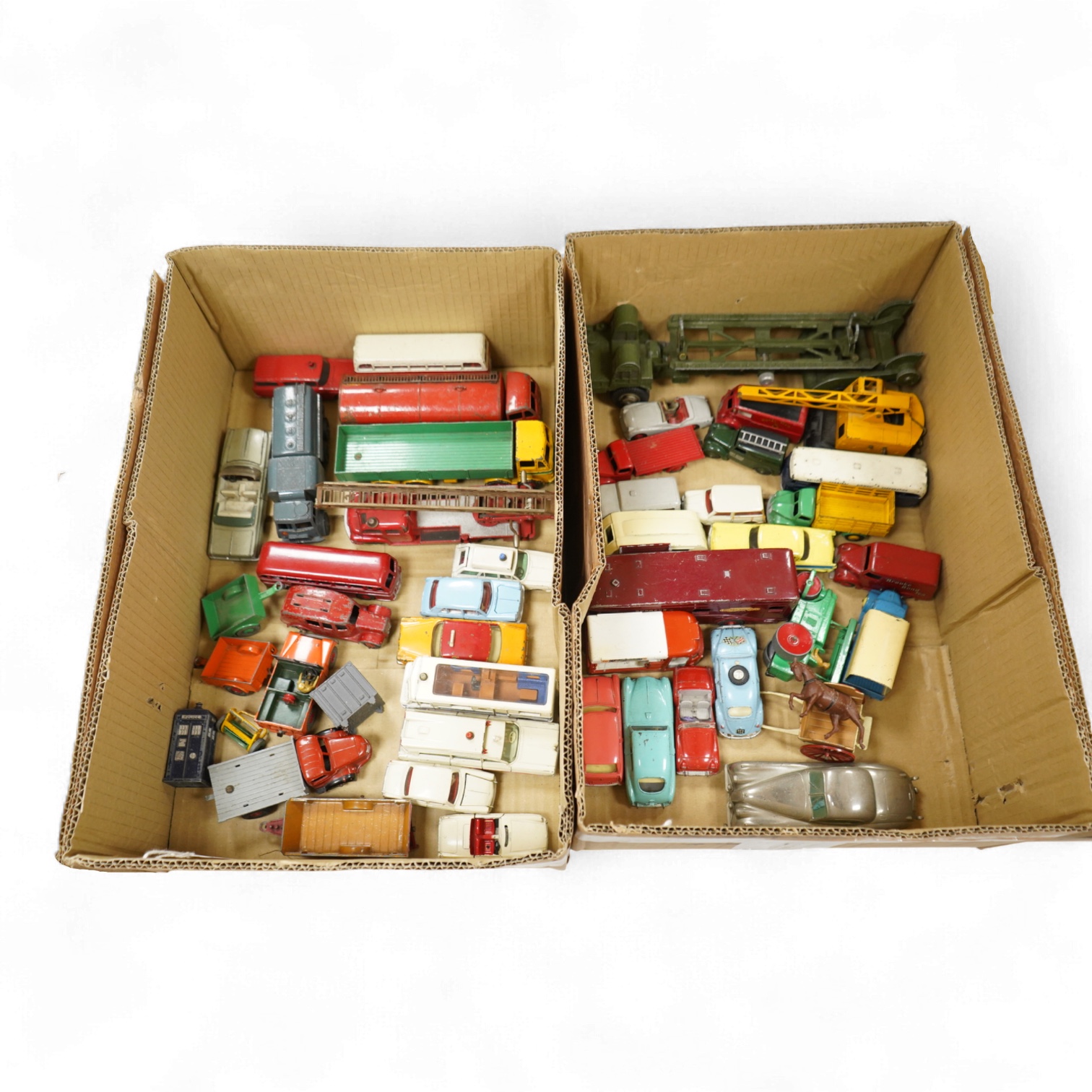 A collection of thirty-five Dinky Toys and five Spot On diecast vehicles, including; a Foden tanker, Leyland octopus, Maudsley horsebox, telephone service van, Royal mail van, and a selection of other cars and commercial